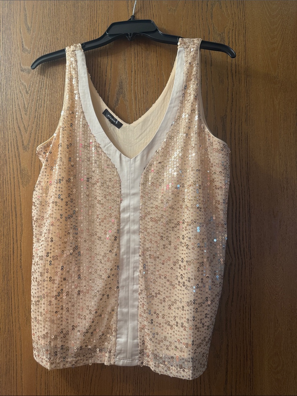 Studio Y Cream w/ Gold Sequin V-Neck Tank with Satin Center